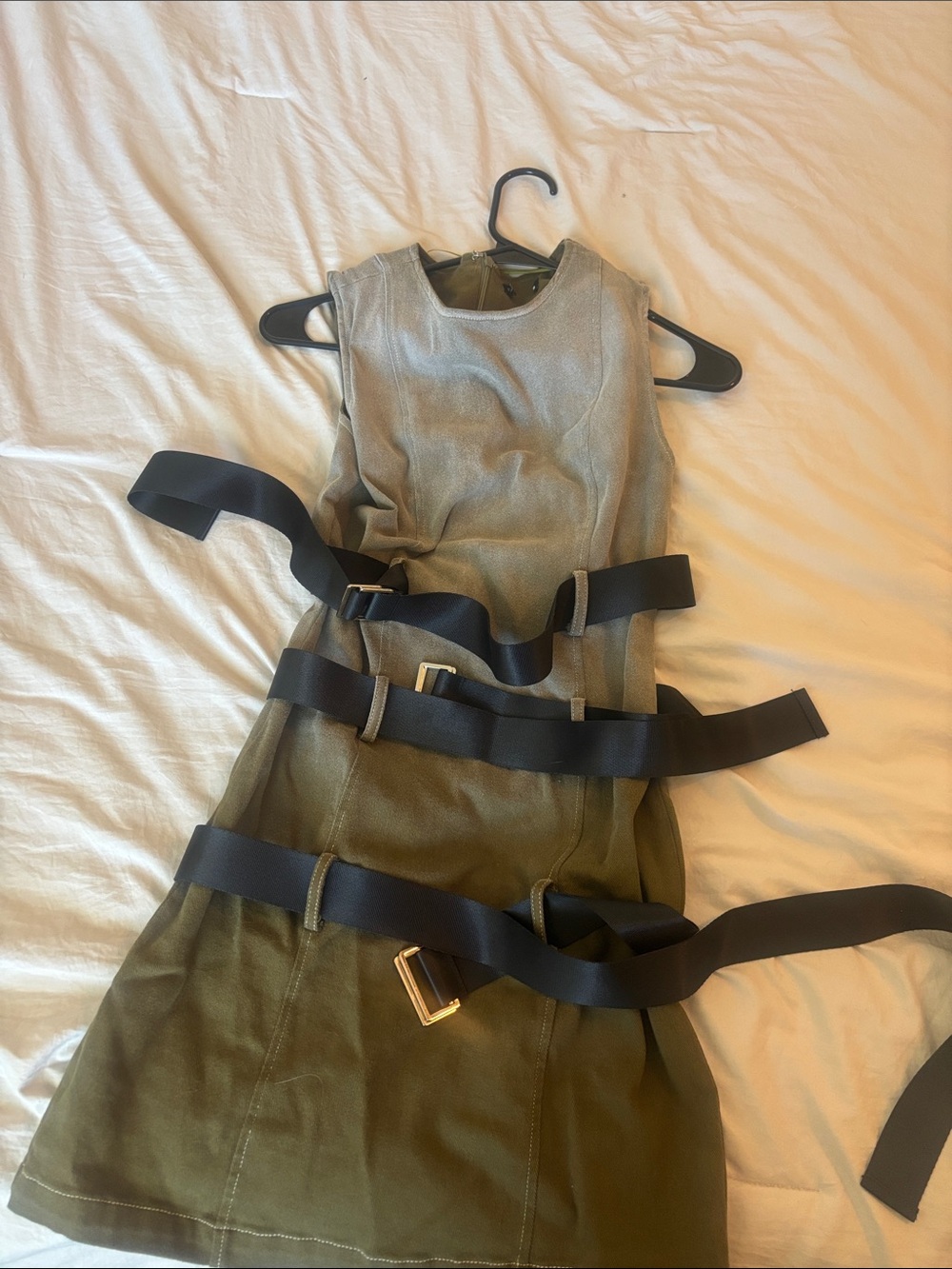 Fashion Nova Olive Green Mini Dress with Black Webbing Belts